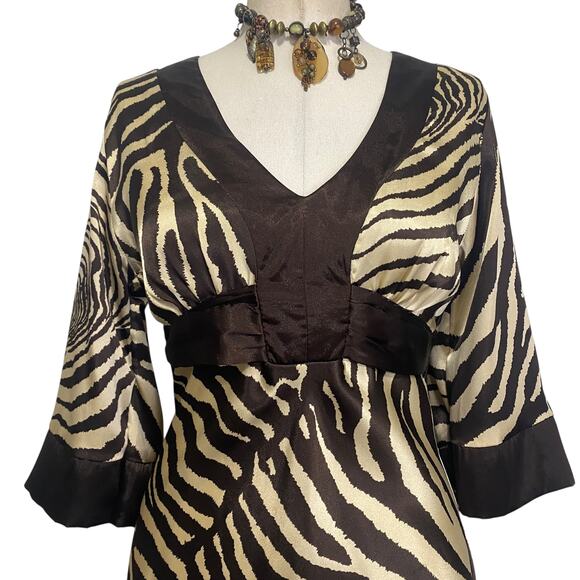 Vintage 90's Jodi Kristopher Satin Brown Zebra Print Dress- Funky Hippie Boho - Picture 5 of 14